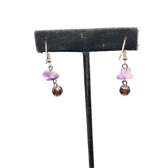 Sterling silver 925 fishhook amethyst chip drop earrings purple crystal beads - Picture 3 of 5
